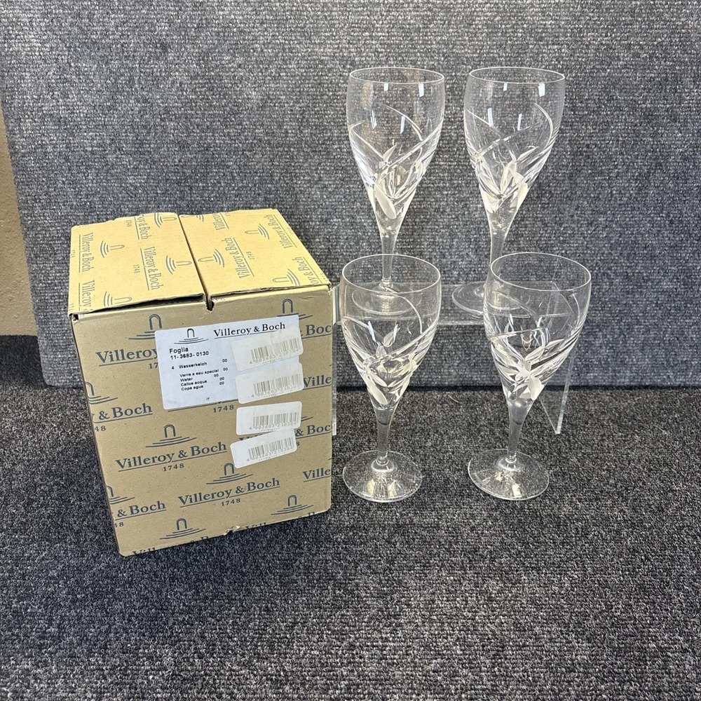 Vtg~Villeroy & Boch~Set of 4~Water Goblets w/Foglia Cut~8 1/8"~IOB